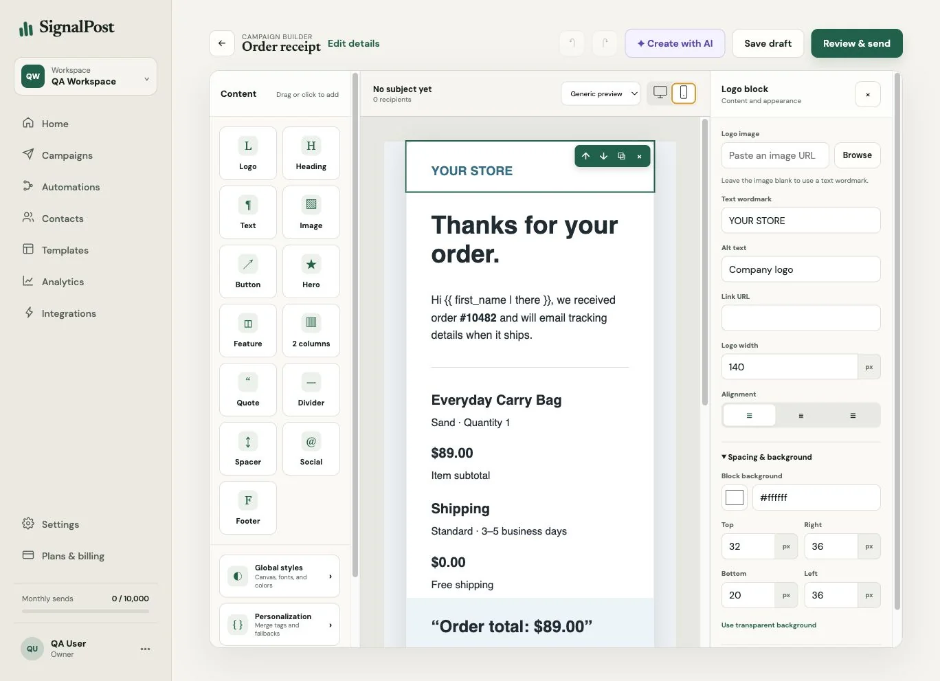 SignalPost drag-and-drop email campaign builder
